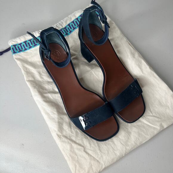 Tory Burch Navy Gabrielle Leather City Block Heel Sandal Size 8 - Picture 3 of 10